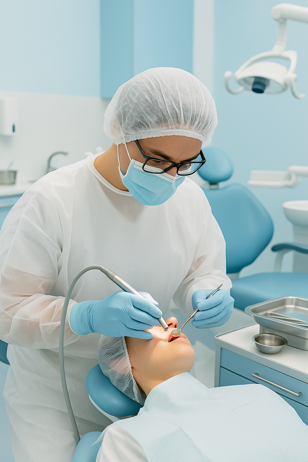 Profissionais da odontologia utilizando kits cirúrgicos